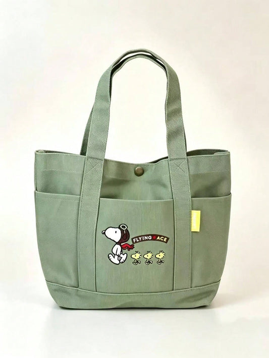 Snoopy Pilot Embroidered Canvas Tote Bag – Large Capacity Multi-Pocket Shoulder Handbag