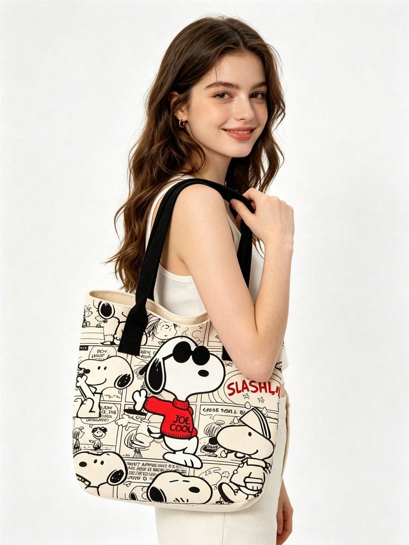 Large Capacity Snoopy Color Block Canvas Shoulder Tote Bag