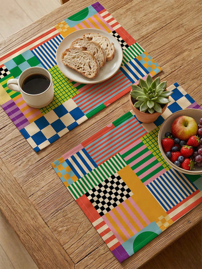 🌈 4-Pack Colorful Retro Plaid Placemats – Heat-Resistant Dining Table Mats for Kitchen & Coffee Bar