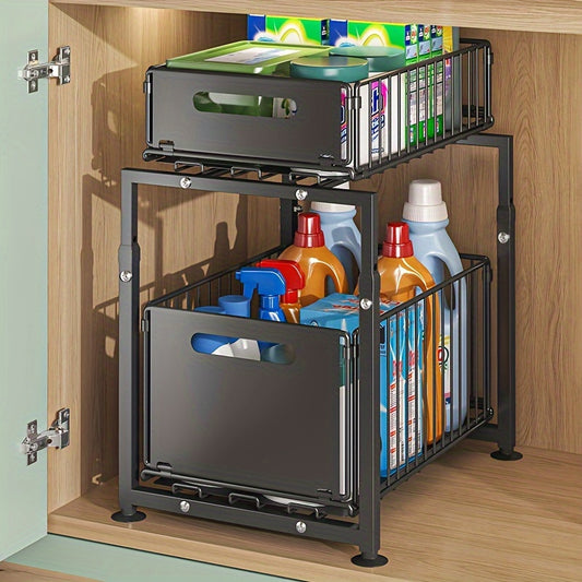 🧺 2-Tier Slide-Out Under Sink Organizer – Heavy-Duty Carbon Steel Cabinet Shelf
