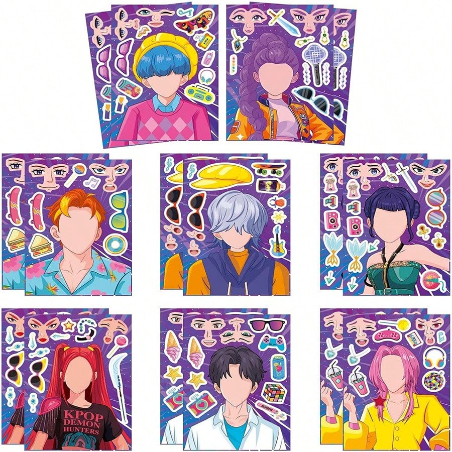 🎭 K-Pop Demon Slayer Changeable Stickers – DIY Face-Swap Vinyl Sticker Sets (8 pcs)