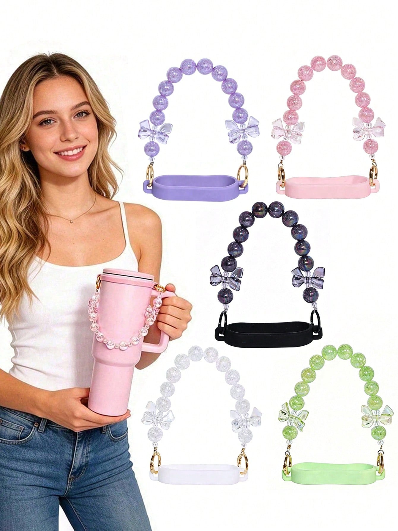 🎀 Beaded Water Bottle Charm Strap – Bow Lanyard Accessory for 20–40oz Tumblers Multicolor