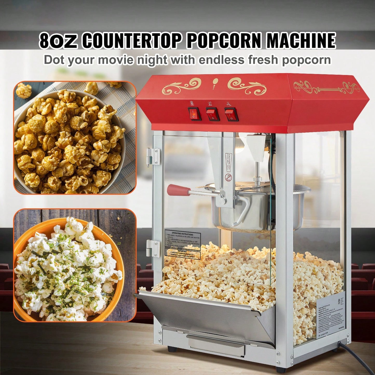 🍿 Commercial Popcorn Machine – 8oz Kettle Theater Style Popcorn Maker (48 Cups Per Batch)