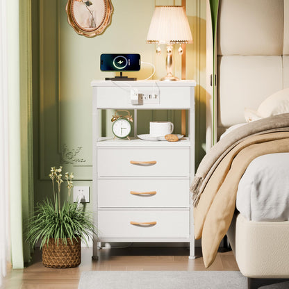 ⚡ White Nightstand with Charging Station – 3-Drawer Bedside Table with Power Outlets & Fabric Storage