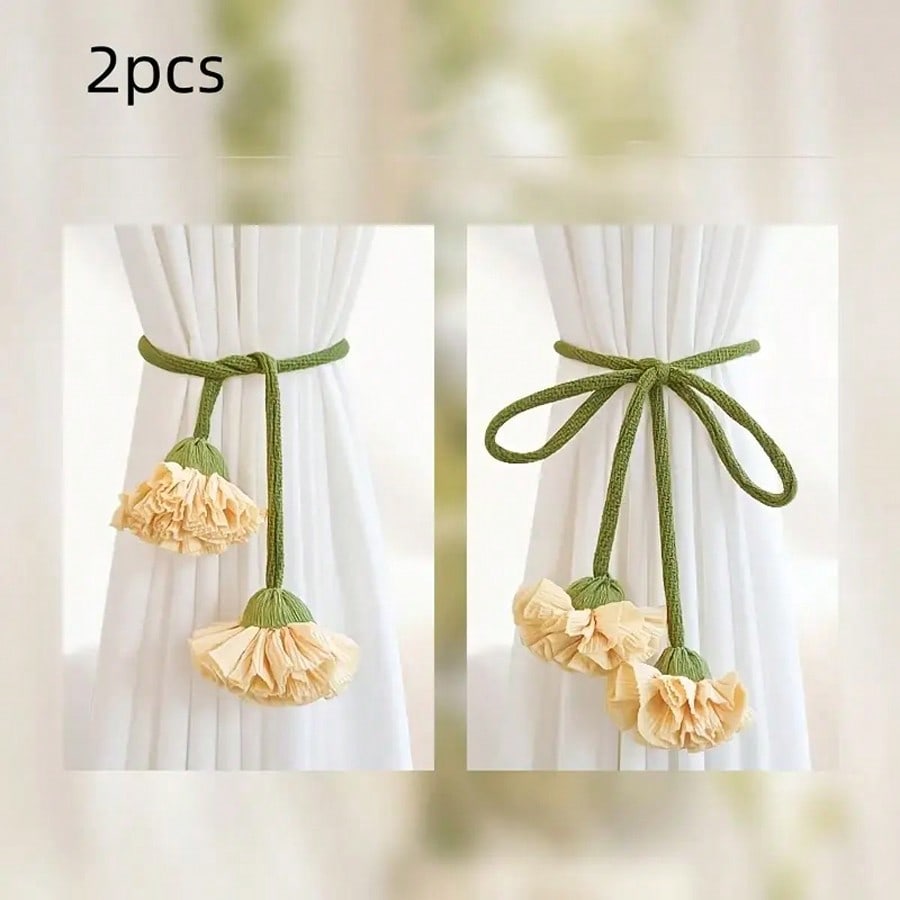 🌸 2-Piece Floral Curtain Tiebacks – Elegant Decorative Curtain Holdback Ropes with Green Cords