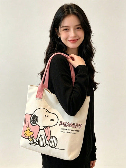 Snoopy Yellow Canvas Tote Bag – Large Capacity Shoulder Bag for Travel, Shopping & Everyday Use