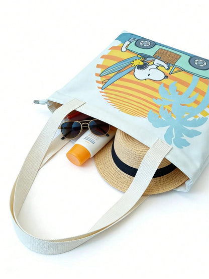 Snoopy Canvas Tote Bag, Women Large Capacity Shoulder Bag, Student Commuter Cartoon Print Handbag