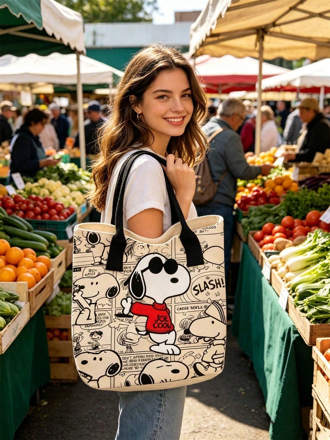 Large Capacity Snoopy Color Block Canvas Shoulder Tote Bag