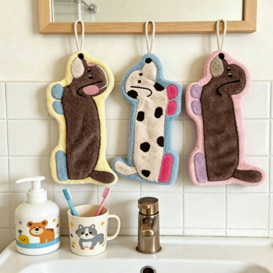 Creative Dachshund Hanging Hand Towel – Cute Coral Fleece Kitchen & Bathroom Towel
