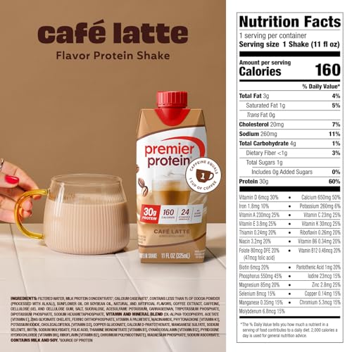 Premier 30g Protein PLUS Energy and Immune Support Shakes, Cafe Latte, 11 fl oz, 18-pack