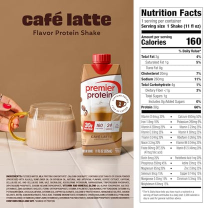 Premier 30g Protein PLUS Energy and Immune Support Shakes, Cafe Latte, 11 fl oz, 18-pack
