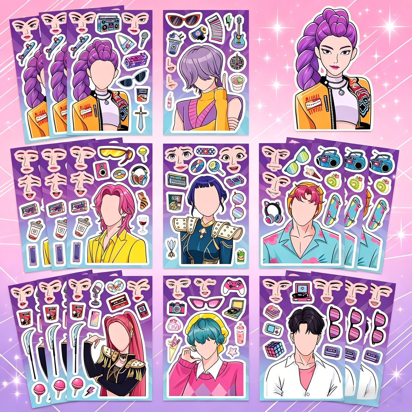 🎭 K-Pop Demon Slayer Changeable Stickers – DIY Face-Swap Vinyl Sticker Sets (16 pcs)