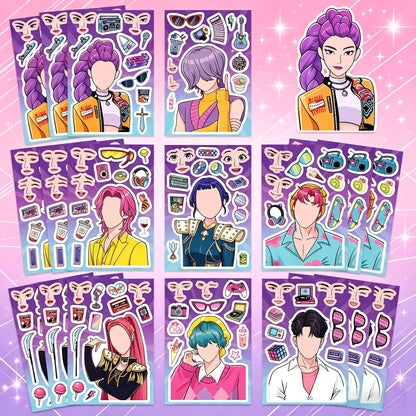 🎭 K-Pop Demon Slayer Changeable Stickers – DIY Face-Swap Vinyl Sticker Sets (16 pcs)