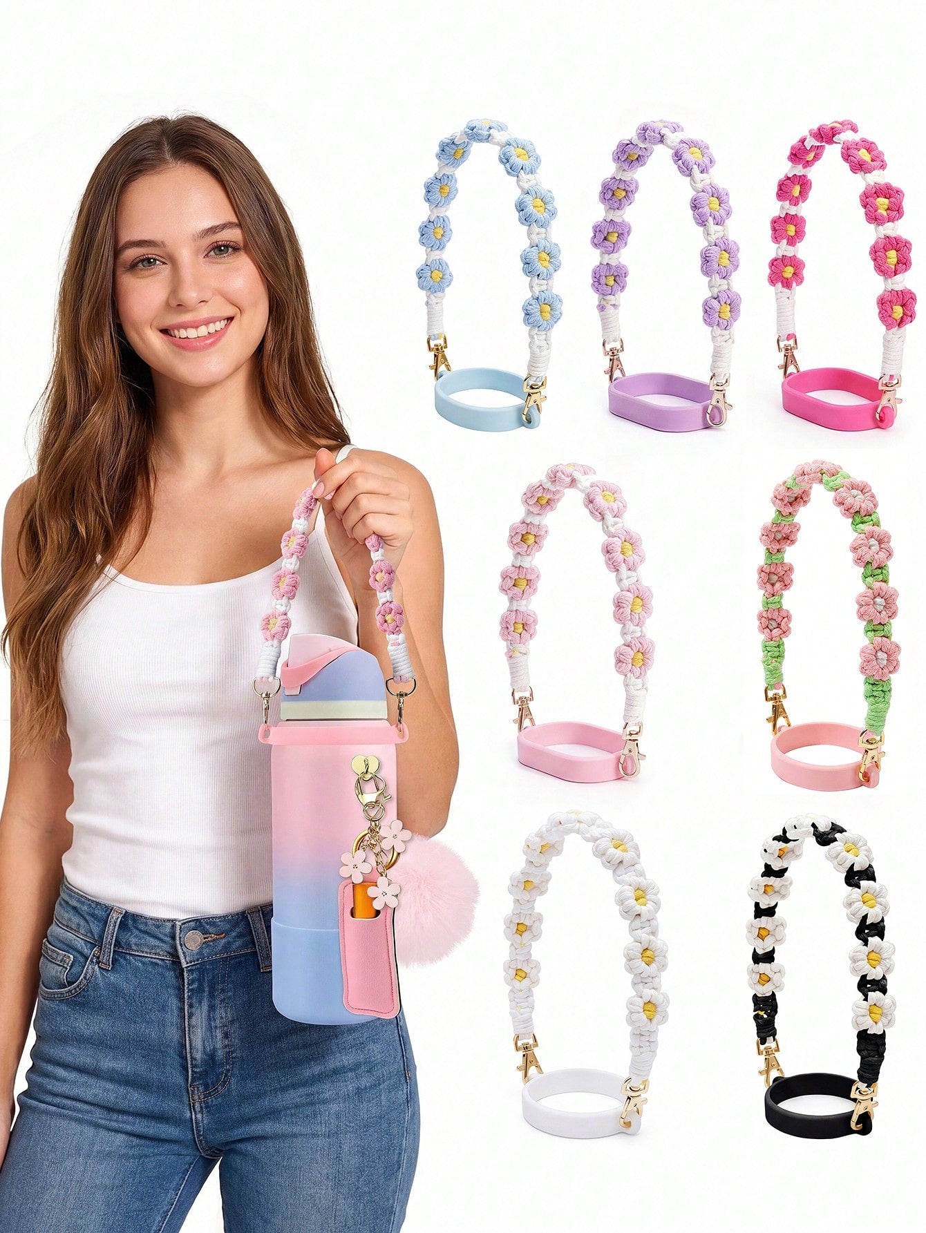 🎀 Beaded Water Bottle Charm Strap – Bow Lanyard Accessory for 20–40oz Tumblers (Flower Handle)