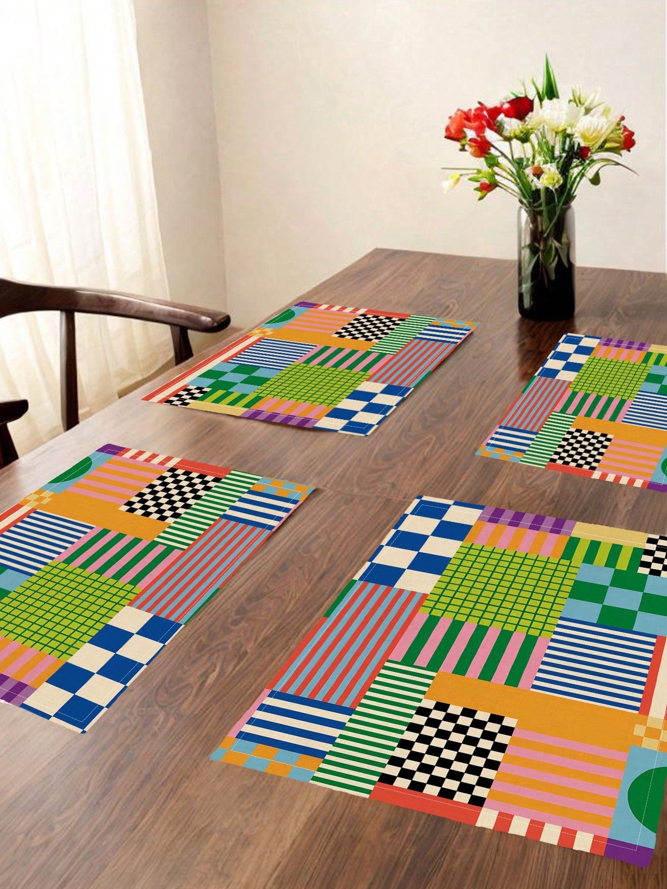 🌈 4-Pack Colorful Retro Plaid Placemats – Heat-Resistant Dining Table Mats for Kitchen & Coffee Bar