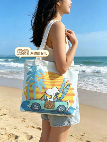Snoopy Canvas Tote Bag, Women Large Capacity Shoulder Bag, Student Commuter Cartoon Print Handbag