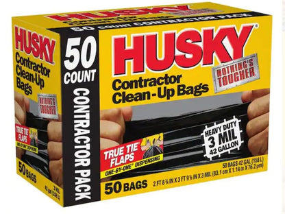 Contractor Clean-Up Bags, Heavy Duty 3 Mil, 42 Gallon, Black, True Tie Flaps, 50 Count