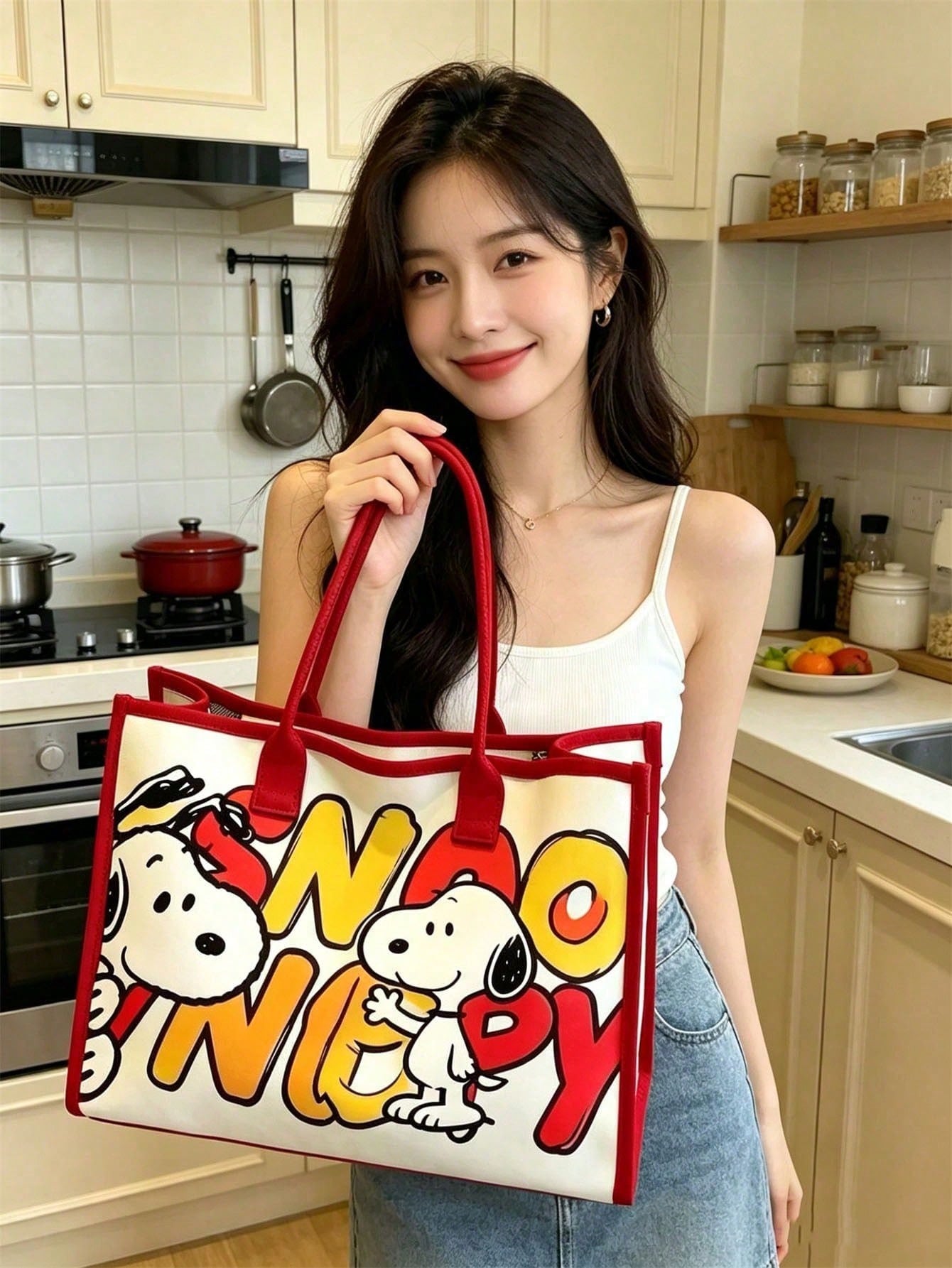 Peanuts Snoopy Canvas Crossbody Tote Bag – Adjustable Shoulder Handbag for Everyday Use