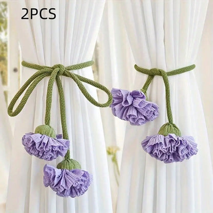 🌸 2-Piece Floral Curtain Tiebacks – Elegant Decorative Curtain Holdback Ropes with Green Cords