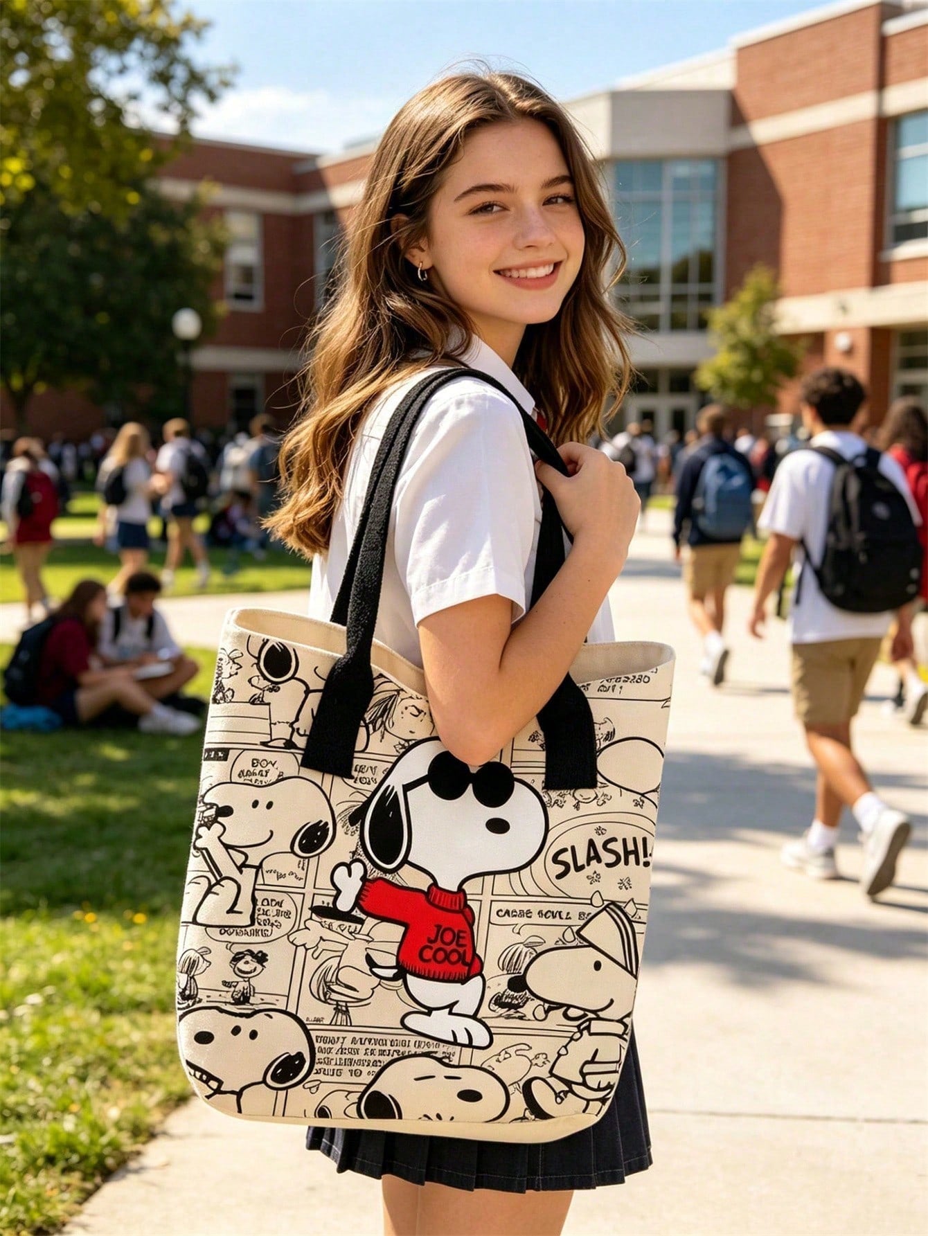 Large Capacity Snoopy Color Block Canvas Shoulder Tote Bag