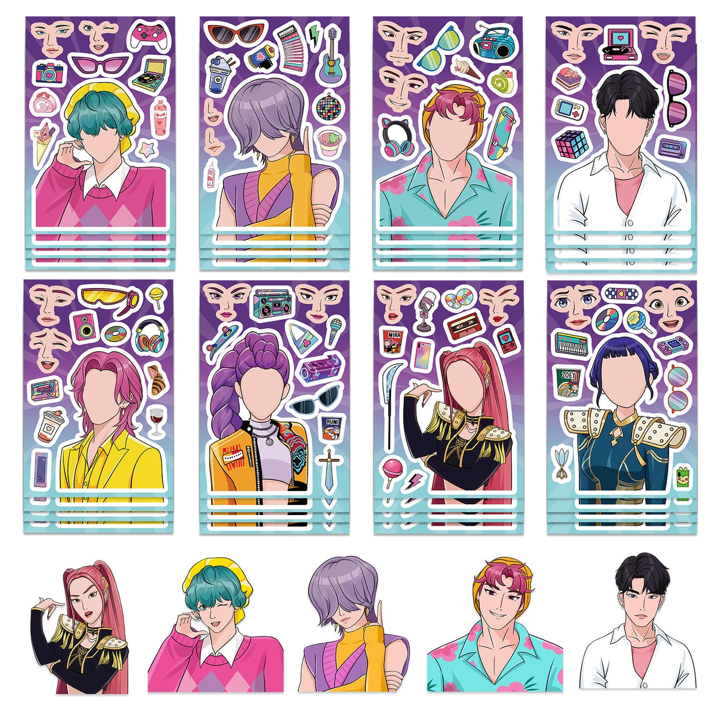 🎭 K-Pop Demon Slayer Changeable Stickers – DIY Face-Swap Vinyl Sticker Sets (16 pcs)