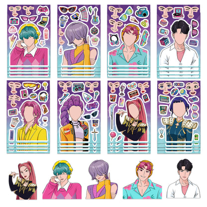 🎭 K-Pop Demon Slayer Changeable Stickers – DIY Face-Swap Vinyl Sticker Sets (16 pcs)