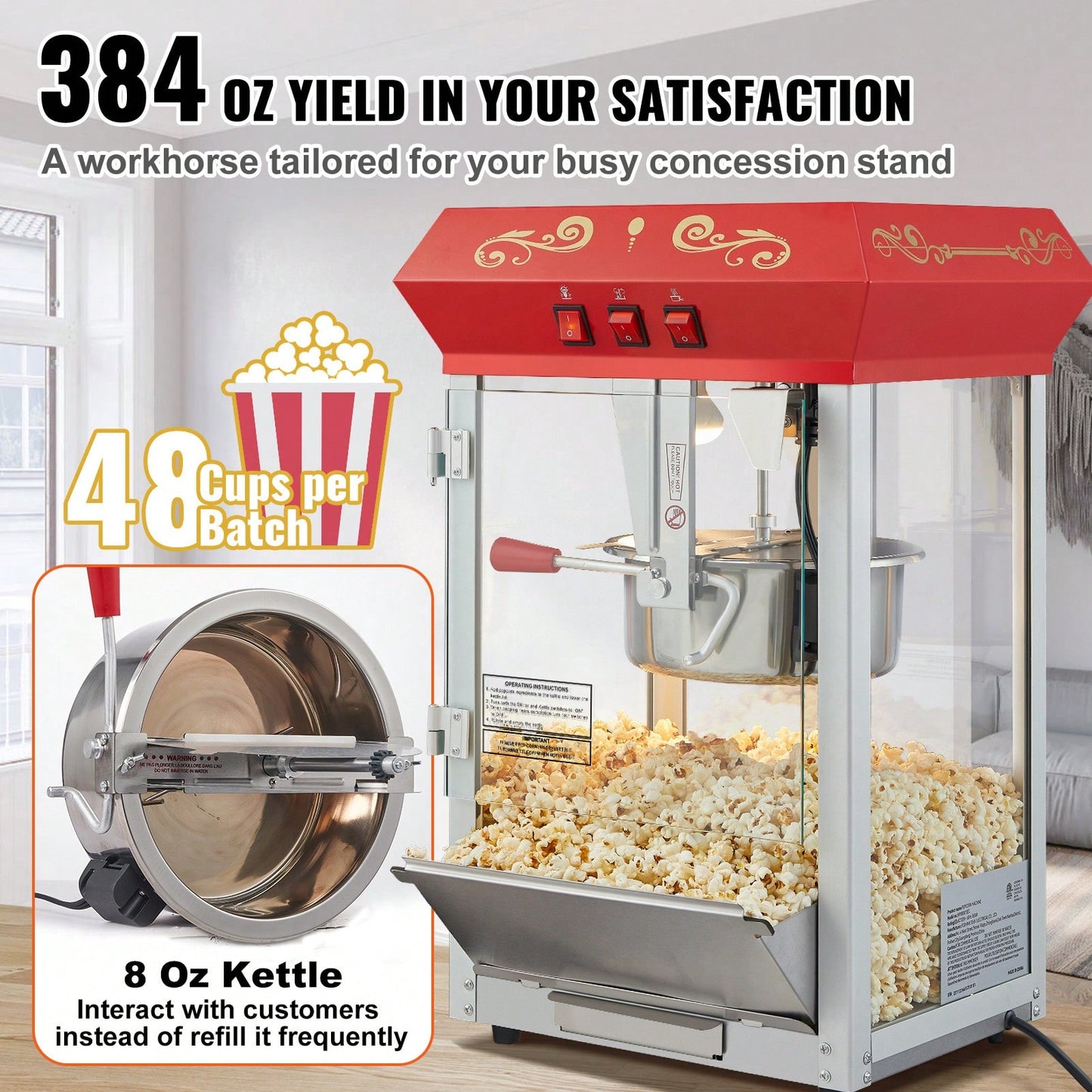 🍿 Commercial Popcorn Machine – 8oz Kettle Theater Style Popcorn Maker (48 Cups Per Batch)