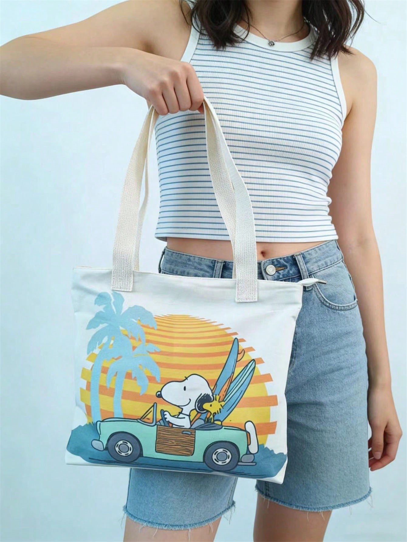 Snoopy Canvas Tote Bag, Women Large Capacity Shoulder Bag, Student Commuter Cartoon Print Handbag