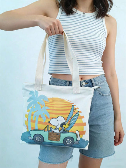 Snoopy Canvas Tote Bag, Women Large Capacity Shoulder Bag, Student Commuter Cartoon Print Handbag