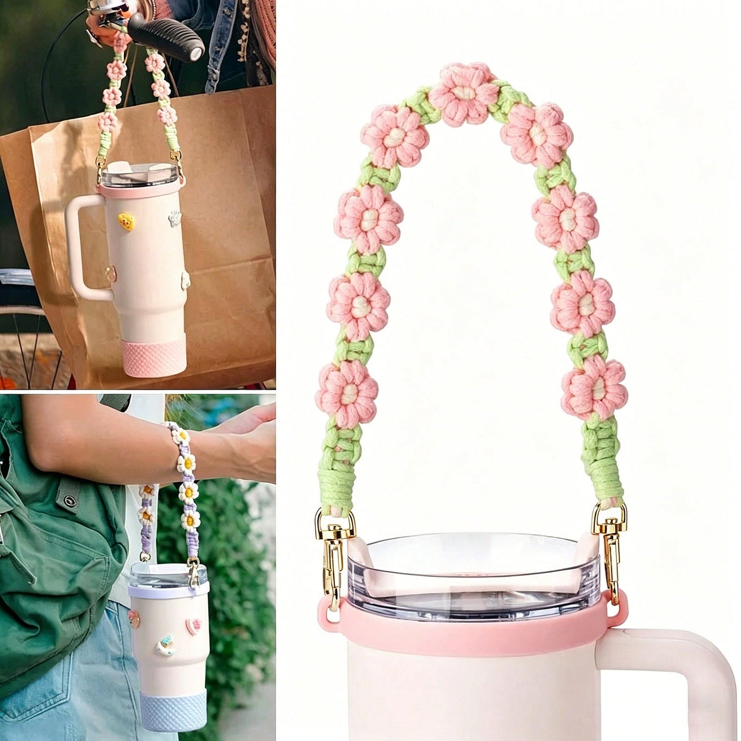 🎀 Beaded Water Bottle Charm Strap – Bow Lanyard Accessory for 20–40oz Tumblers (Flower Handle)