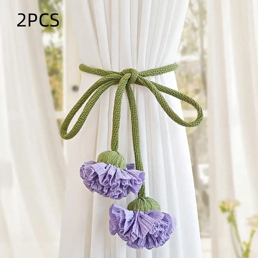 🌸 2-Piece Floral Curtain Tiebacks – Elegant Decorative Curtain Holdback Ropes with Green Cords
