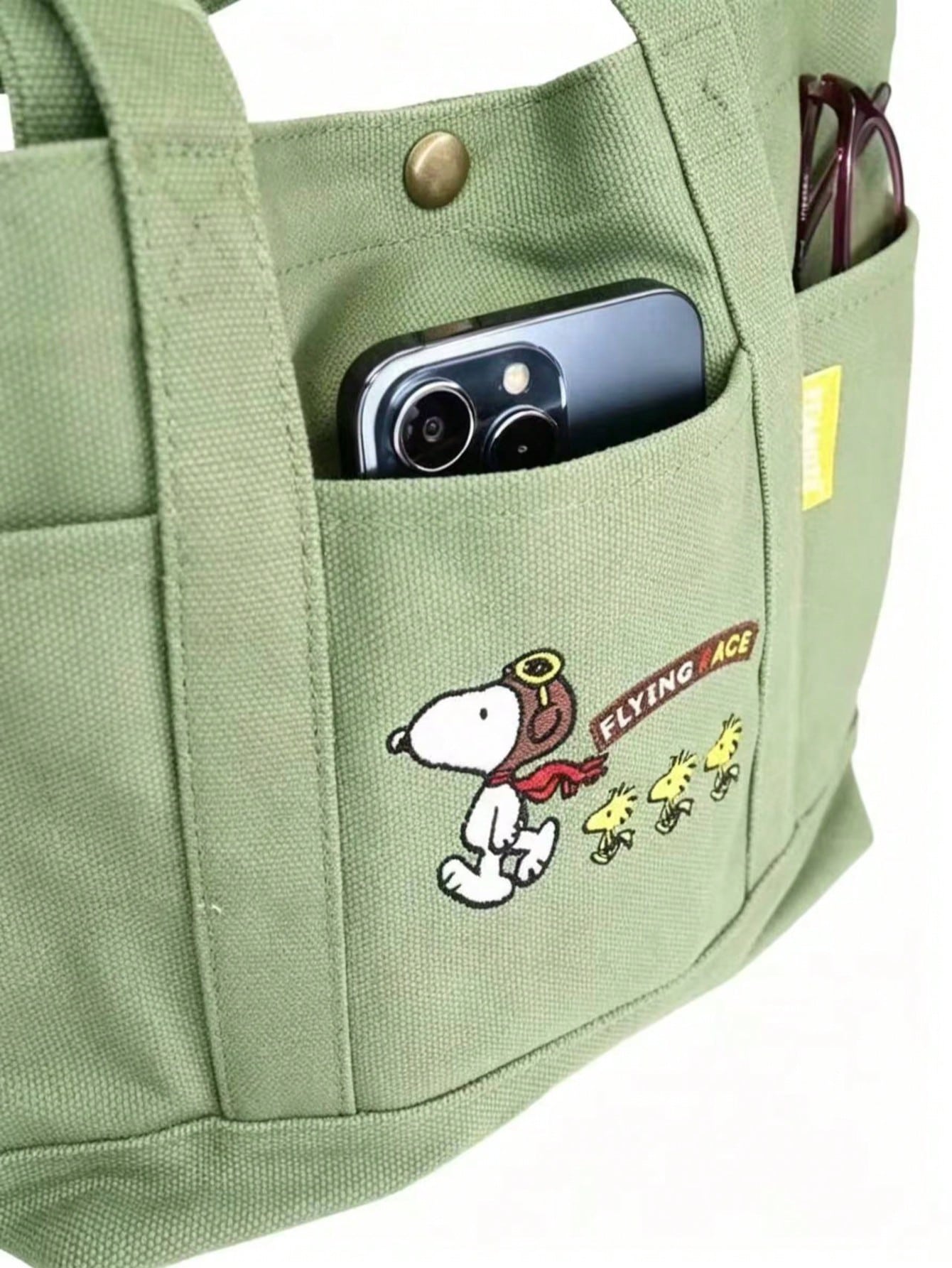 Snoopy Pilot Embroidered Canvas Tote Bag – Large Capacity Multi-Pocket Shoulder Handbag