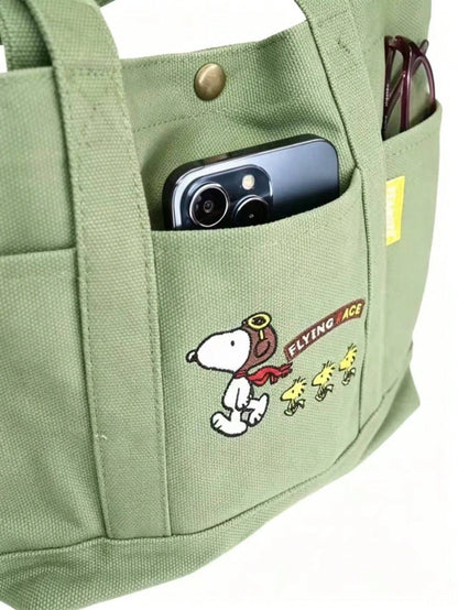 Snoopy Pilot Embroidered Canvas Tote Bag – Large Capacity Multi-Pocket Shoulder Handbag