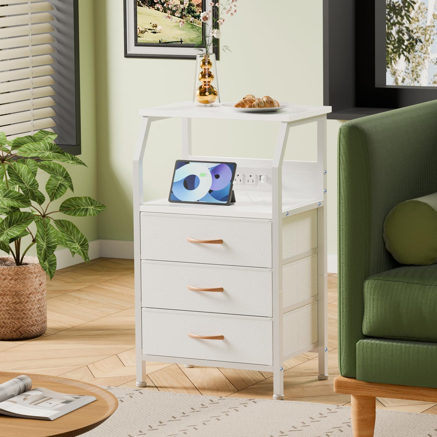 ⚡ White Nightstand with Charging Station – 3-Drawer Bedside Table with Power Outlets & Fabric Storage