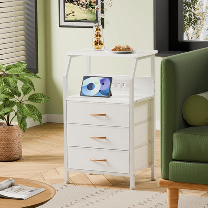 ⚡ White Nightstand with Charging Station – 3-Drawer Bedside Table with Power Outlets & Fabric Storage