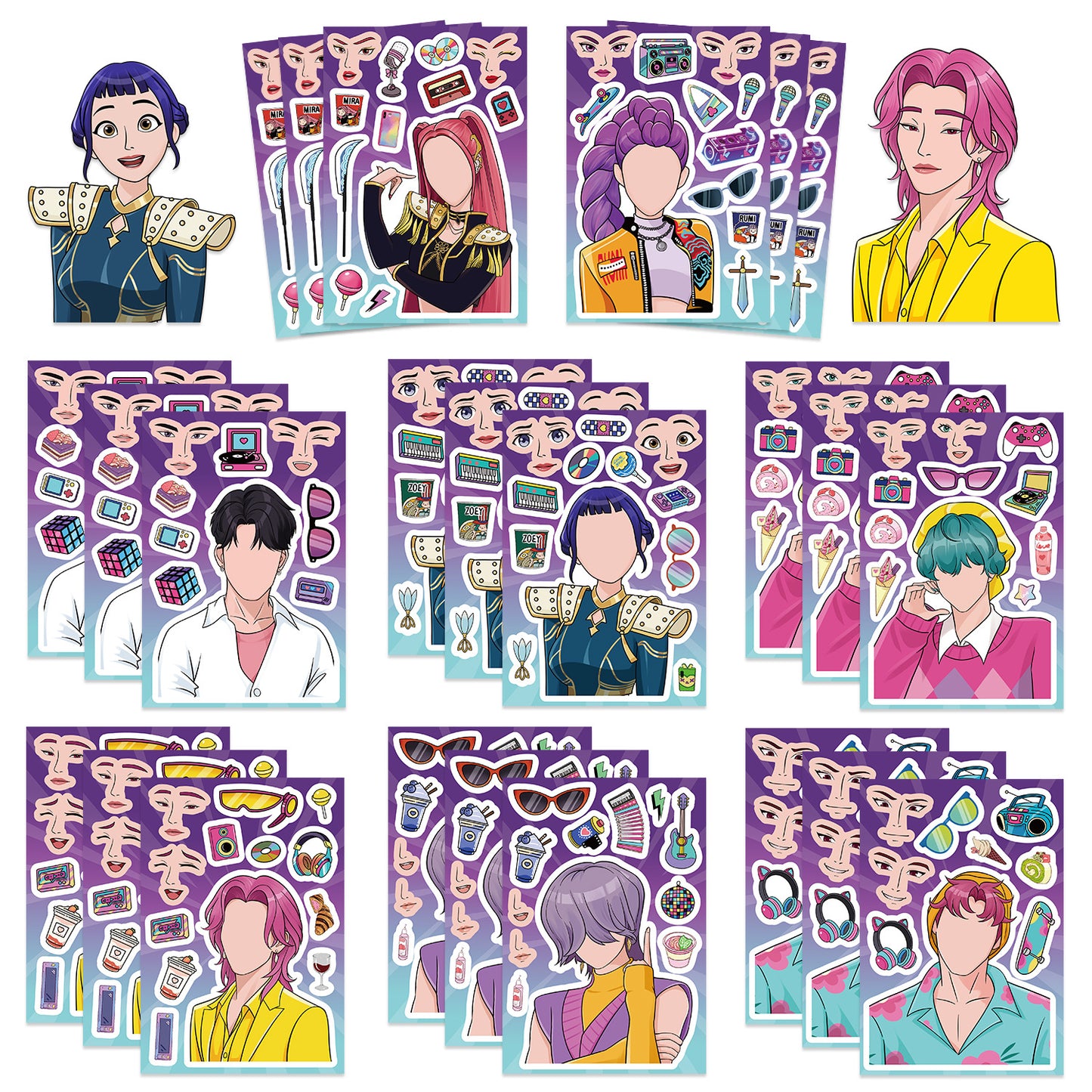 🎭 K-Pop Demon Slayer Changeable Stickers – DIY Face-Swap Vinyl Sticker Sets (16 pcs)