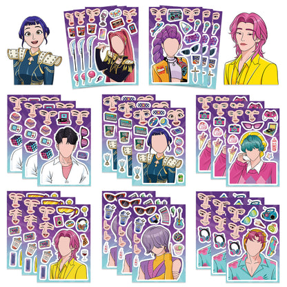 🎭 K-Pop Demon Slayer Changeable Stickers – DIY Face-Swap Vinyl Sticker Sets (16 pcs)