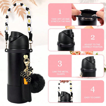 🎀 Beaded Water Bottle Charm Strap – Bow Lanyard Accessory for 20–40oz Tumblers (Flower Handle)