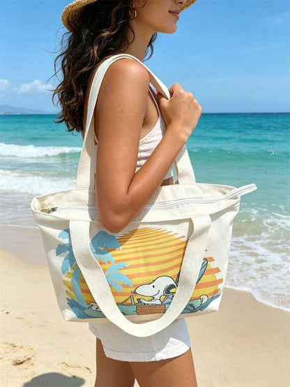 Snoopy Canvas Tote Bag, Women Large Capacity Shoulder Bag, Student Commuter Cartoon Print Handbag