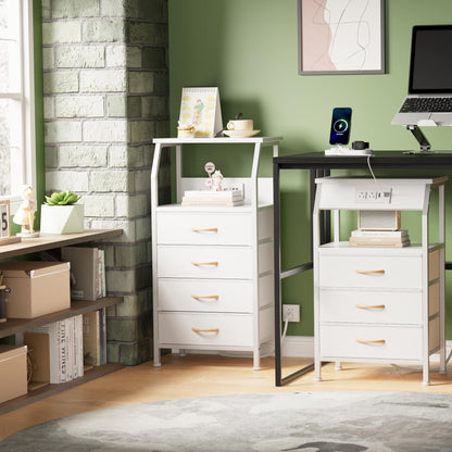 ⚡ White Nightstand with Charging Station – 3-Drawer Bedside Table with Power Outlets & Fabric Storage