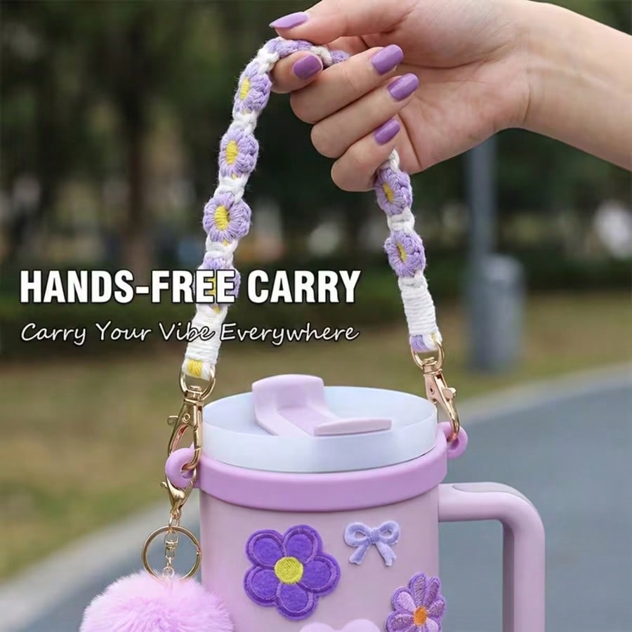 🎀 Beaded Water Bottle Charm Strap – Bow Lanyard Accessory for 20–40oz Tumblers (Flower Handle)