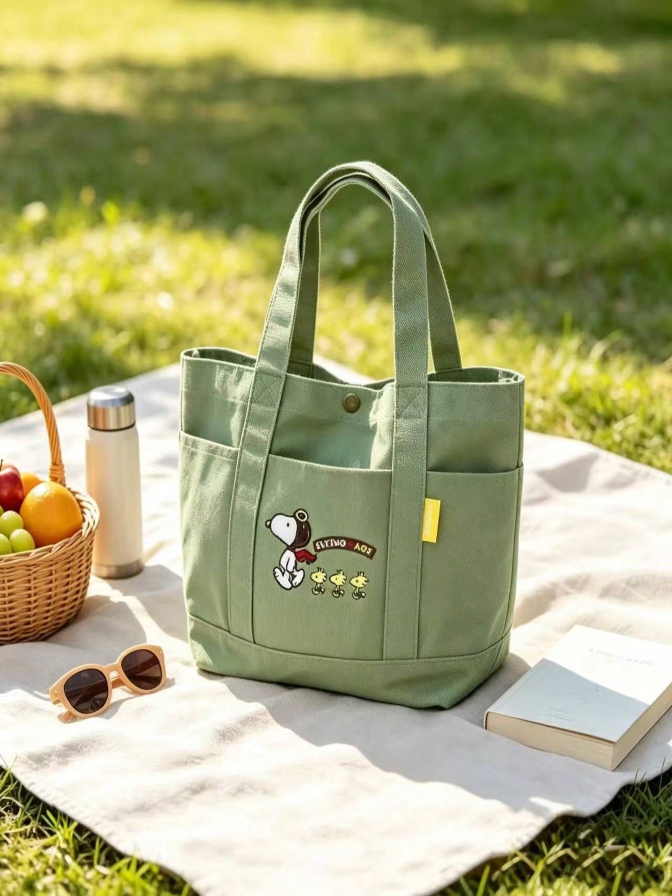 Snoopy Pilot Embroidered Canvas Tote Bag – Large Capacity Multi-Pocket Shoulder Handbag