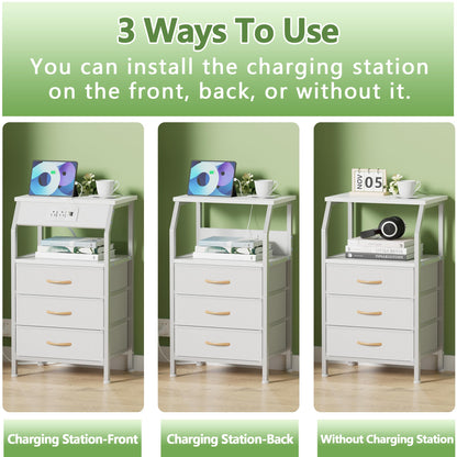 ⚡ White Nightstand with Charging Station – 3-Drawer Bedside Table with Power Outlets & Fabric Storage