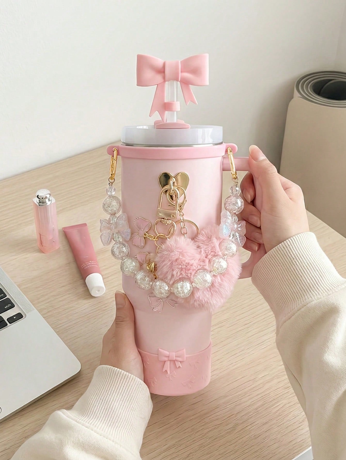 🎀 Beaded Water Bottle Charm Strap – Bow Lanyard Accessory for 20–40oz Tumblers Multicolor