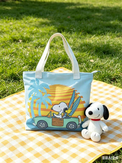 Snoopy Canvas Tote Bag, Women Large Capacity Shoulder Bag, Student Commuter Cartoon Print Handbag