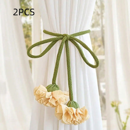 🌸 2-Piece Floral Curtain Tiebacks – Elegant Decorative Curtain Holdback Ropes with Green Cords