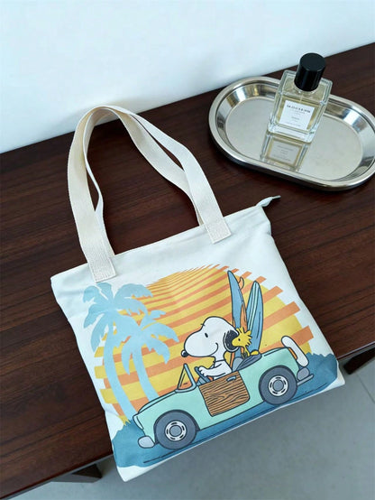 Snoopy Canvas Tote Bag, Women Large Capacity Shoulder Bag, Student Commuter Cartoon Print Handbag