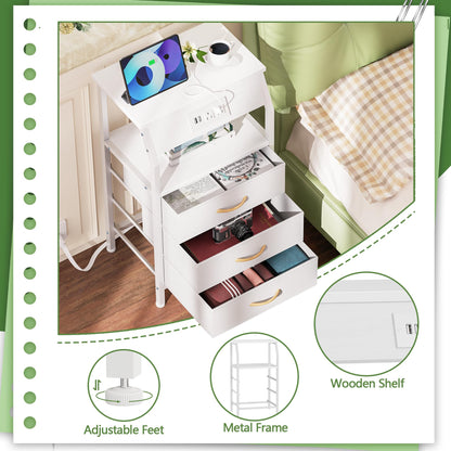 ⚡ White Nightstand with Charging Station – 3-Drawer Bedside Table with Power Outlets & Fabric Storage