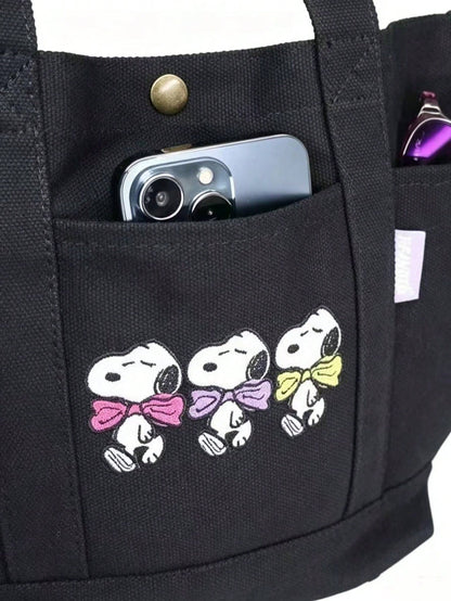 Snoopy Pilot Embroidered Canvas Tote Bag – Large Capacity Multi-Pocket Shoulder Handbag