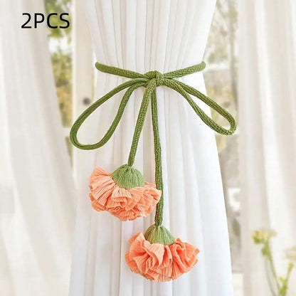 🌸 2-Piece Floral Curtain Tiebacks – Elegant Decorative Curtain Holdback Ropes with Green Cords